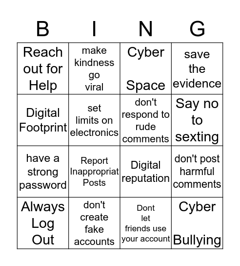 Cyber Safety Bingo Card