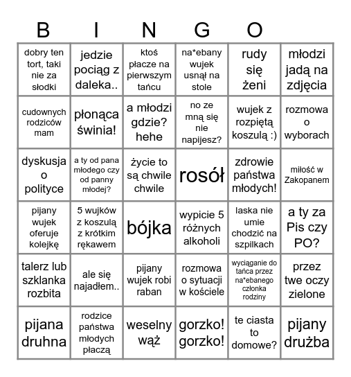 Weselne Bingo (tylko dla ludzi z poczuciem humoru;) ) Bingo Card