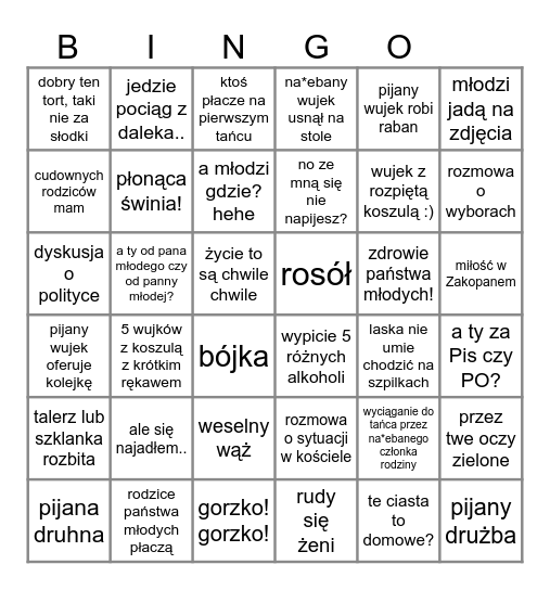 Weselne Bingo (tylko dla ludzi z poczuciem humoru;) ) Bingo Card