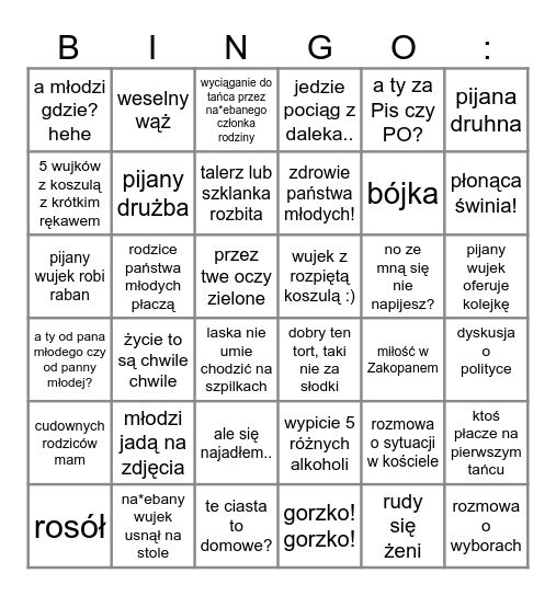 Weselne Bingo (tylko dla ludzi z poczuciem humoru;) ) Bingo Card