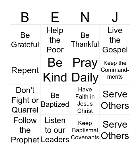 King Benjamin Teaches His People Bingo Card