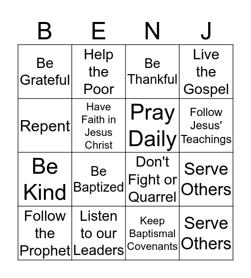 King Benjamin Teaches His People Bingo Card