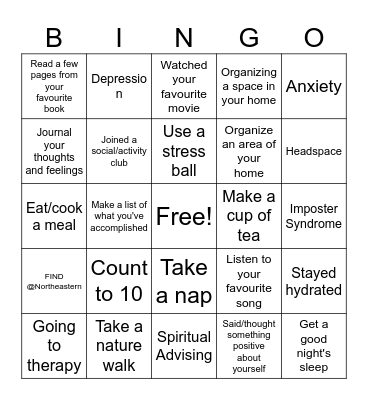 Mental Health Awareness Bingo Card