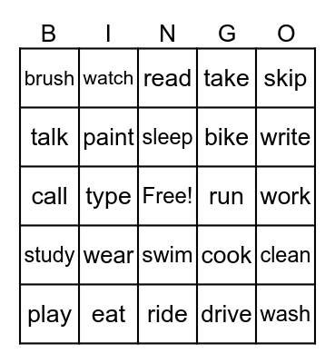 Verbs Present Tense Bingo Card