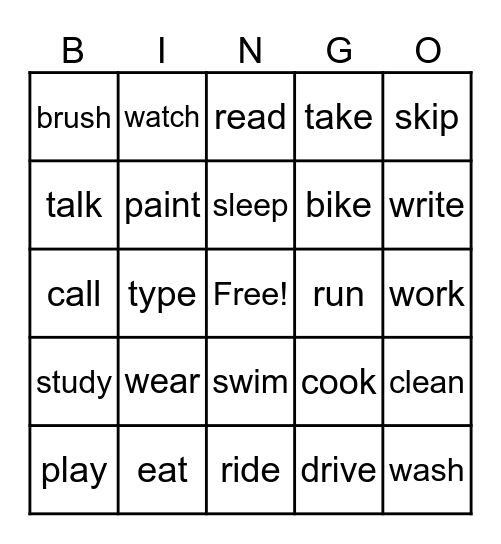 Verbs Present Tense Bingo Card