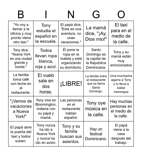 EL PRIMER VIAJE A NUEVA YORK Bingo Card