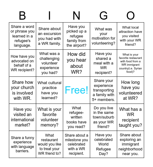 World Relief Volunteer Appreciation - D/A Bingo Card