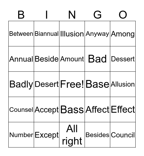 Word Choice Bingo #1 Bingo Card