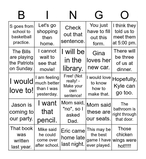 Sight Word Sentence Bingo Card