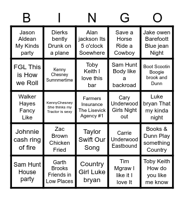 Farmer Insurance ( Marty & Donna )  Country p Bingo Card