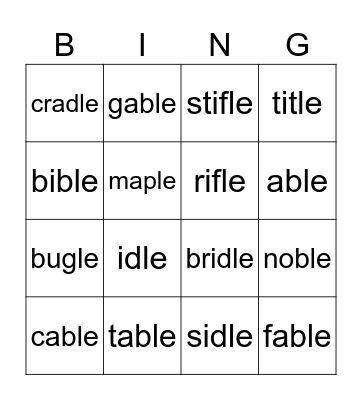 C-LE Open First Syllable Bingo Card
