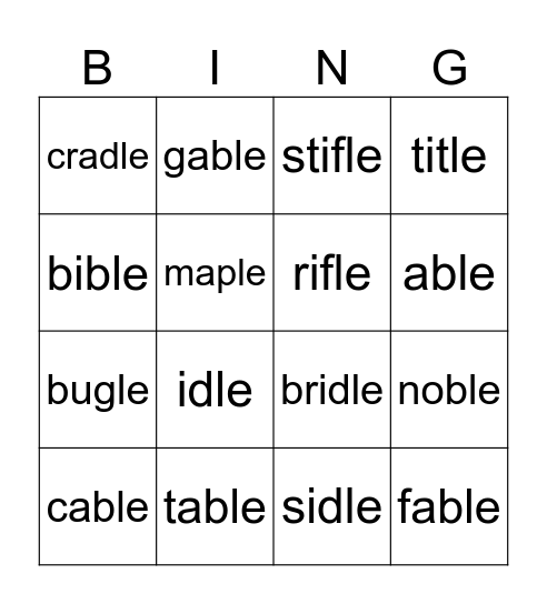 C-LE Open First Syllable Bingo Card