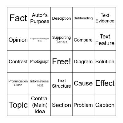 Informational Vocabulary Bingo Card