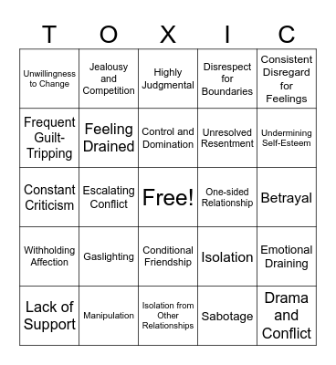 Toxic Relationships Bingo Card