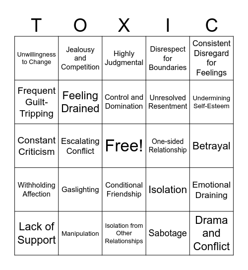Toxic Relationships Bingo Card