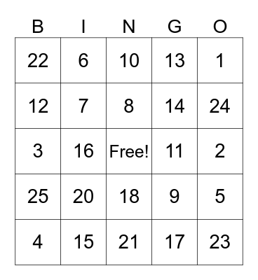 Number Bingo Card