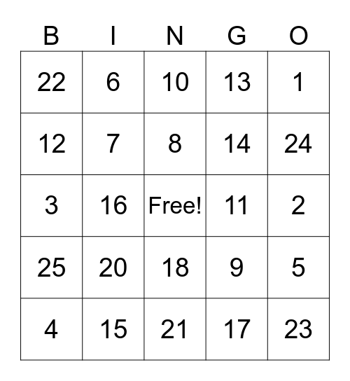 Number Bingo Card