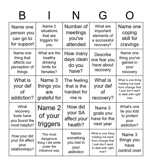 Recovery Bingo! Bingo Card