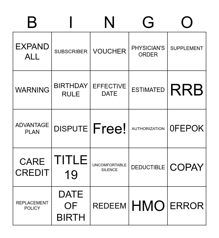 Patient Access Bingo Card
