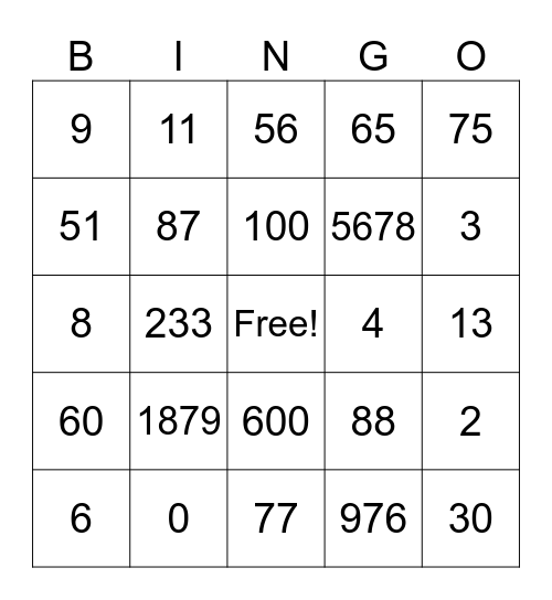 Numbers Bingo Card