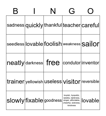 Suffix Bingo Card