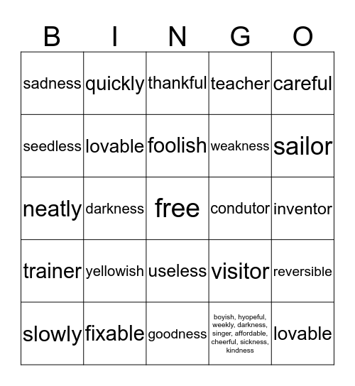 Suffix Bingo Card