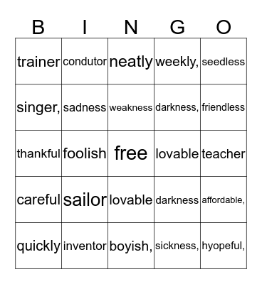 Suffix Bingo Card