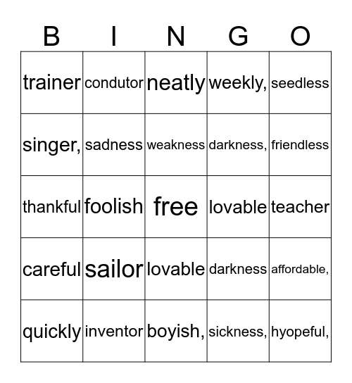 Suffix Bingo Card