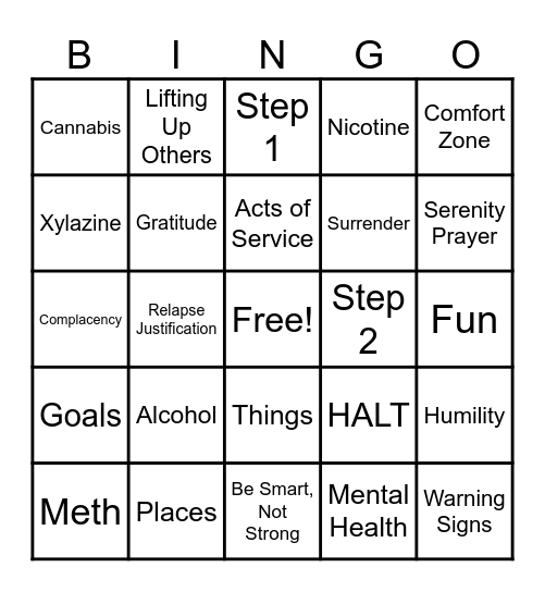 Steps to Recovery 1 Bingo Card