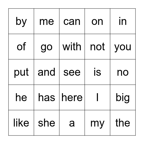 Q1-2 Sight Word Bingo Card