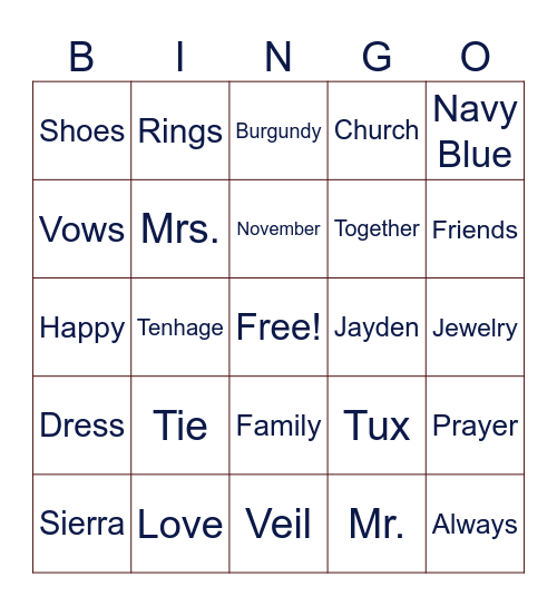 Bridal Shower Bingo Card