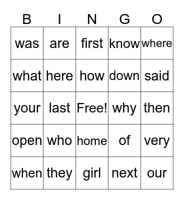 Sight Word Bingo Card