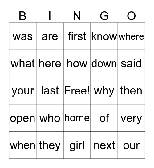 Sight Word Bingo Card