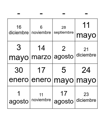 Mi cumpleaños es el ____ de ______ Bingo Card