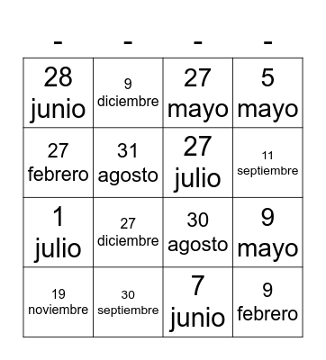 Mi cumpleaños es el __ de ____ Bingo Card