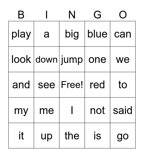 Dolch Pre-Primer Sight Words Bingo Card