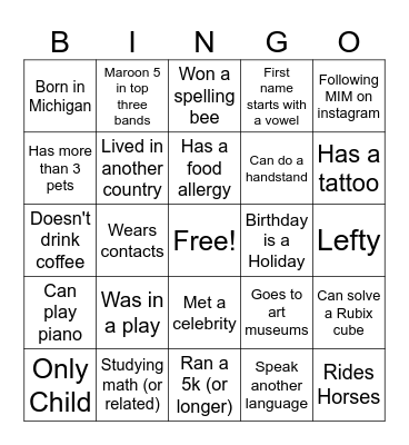 MIM Bingo Card