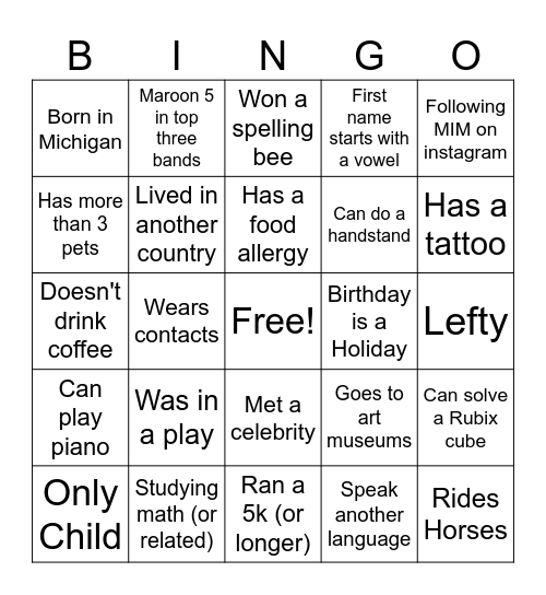 MIM Bingo Card