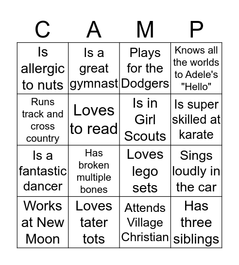 LCPC Winter Camp! Bingo Card
