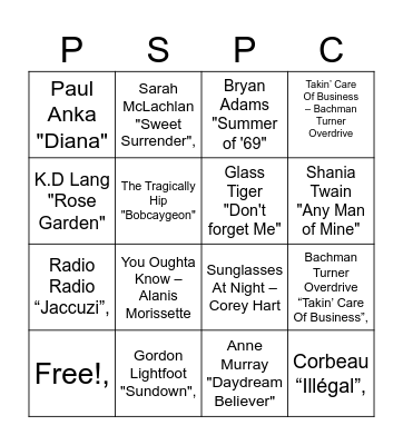 Canadian Music Bingo! Bingo Card