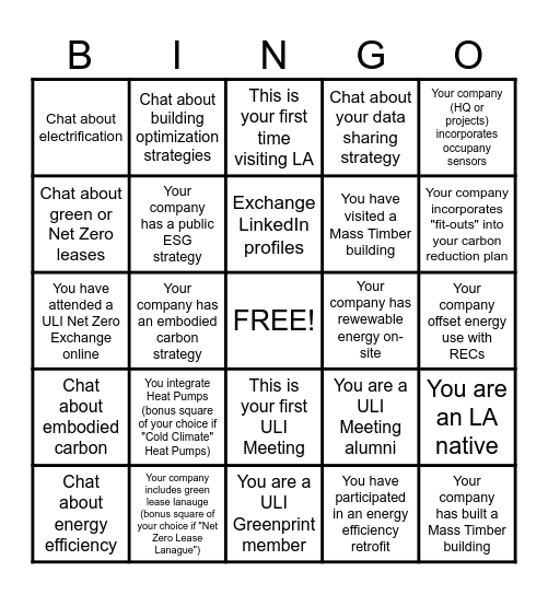 Net Zero Exchange Networking Bingo Card