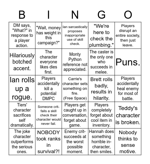 D&D Group Bingo Card