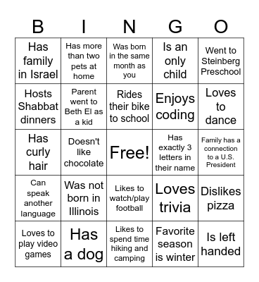 "Getting to know you" BINGO Card