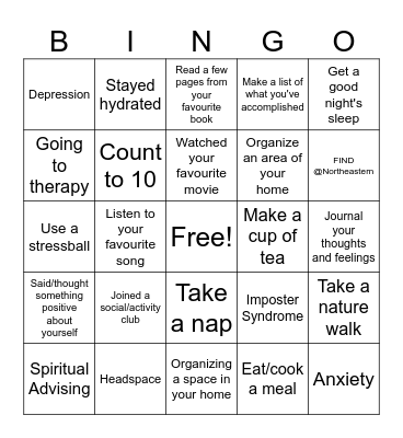 Mental Health Awareness Bingo Card