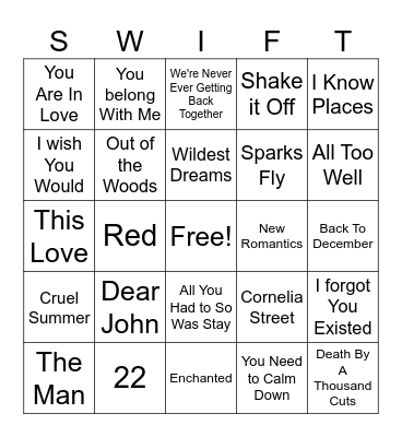 Taylor Swift Bingo Card