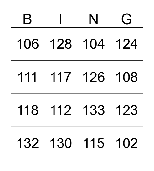 3 digit numbers Bingo Card