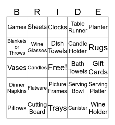 Tara's Bridal Shower Bingo Card