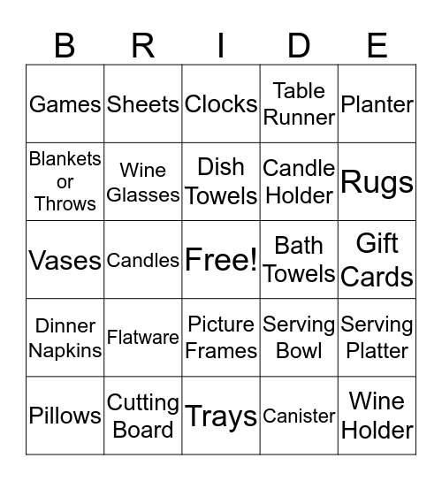 Tara's Bridal Shower Bingo Card