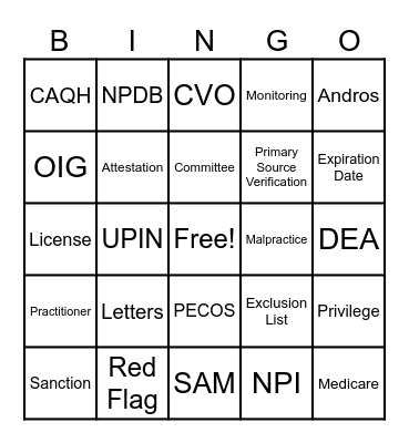 Credentialing Bingo Card