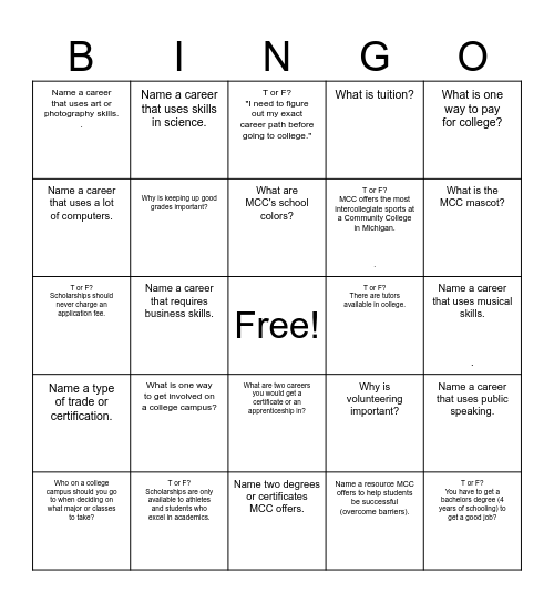 MCC Bingo Card